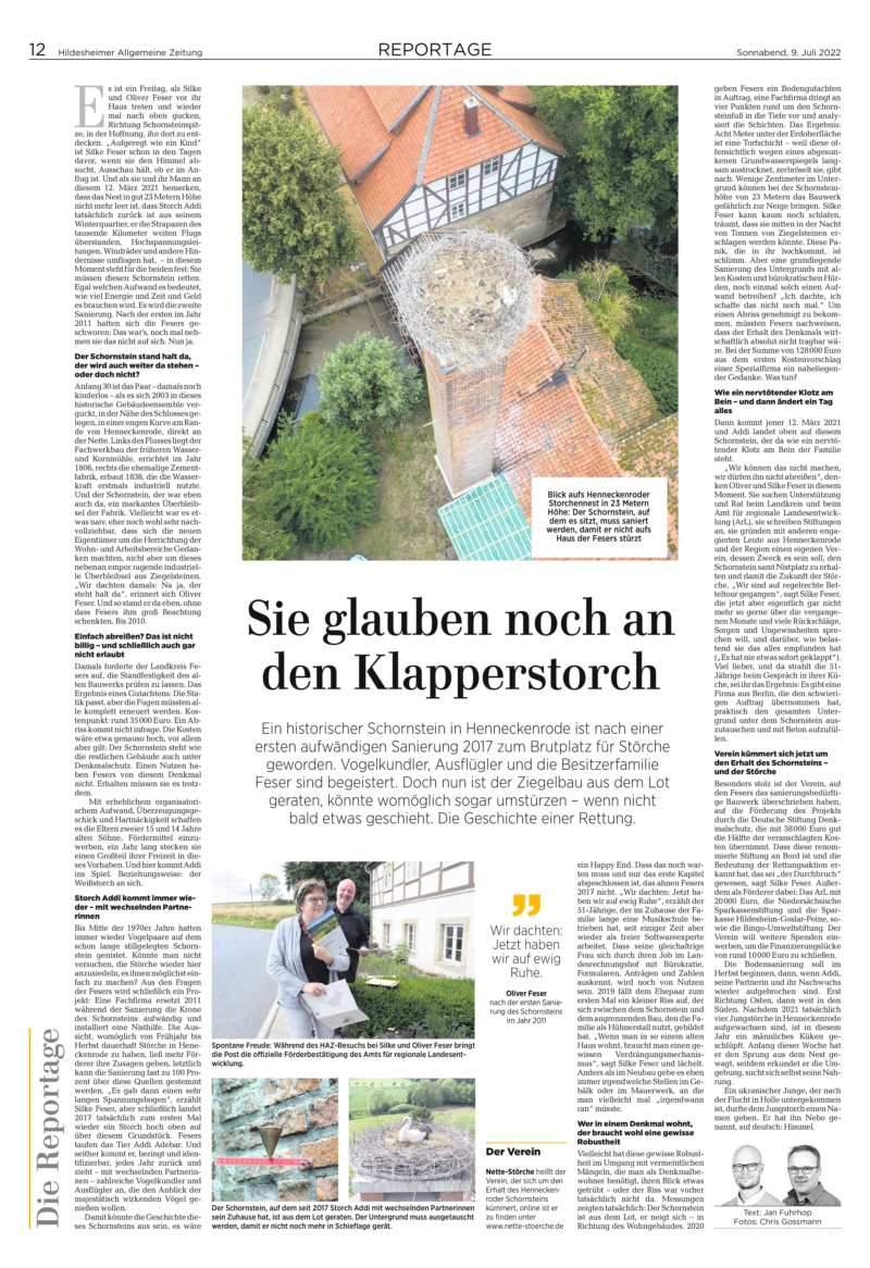 Artikel in der Hildesheimer Allgemeinen Zeitung über die Erhaltung des Schornsteins